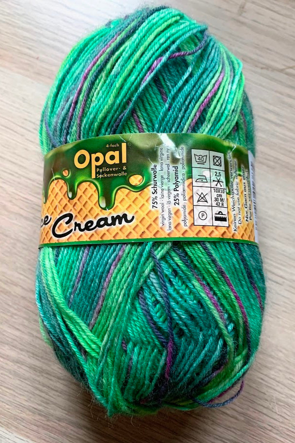Green sock yarn by Opal from the Ice Cream collection shade 9691
