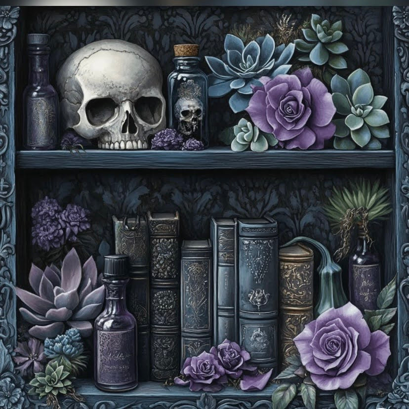 Skull and bookcase printed cross stitch kit - 14 count