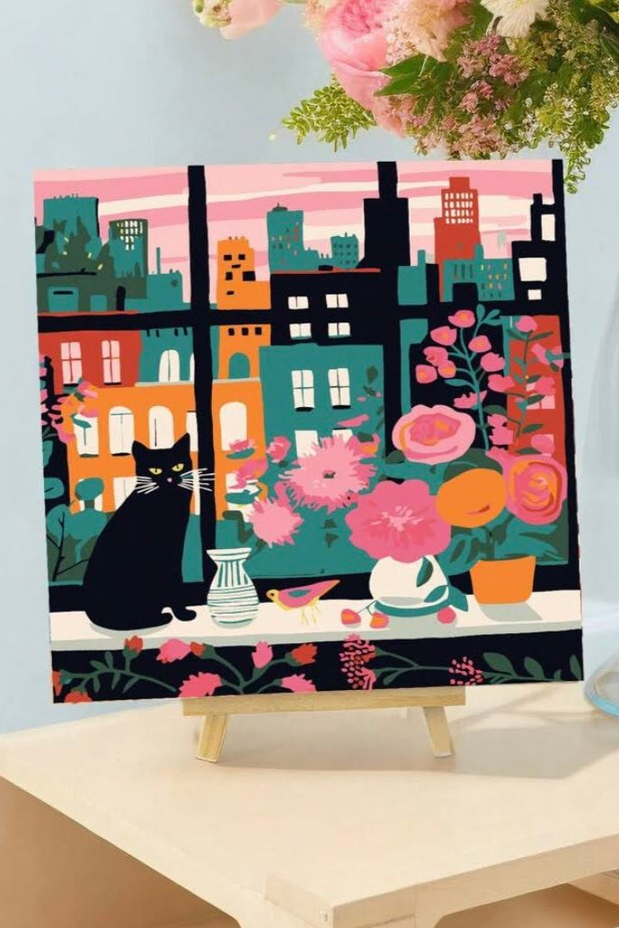 Cat on window sill paint by numbers - 20cm x 20cm
