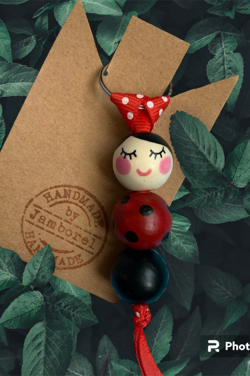 Hand-painted lady bird key ring or handbag charm with wooden beads