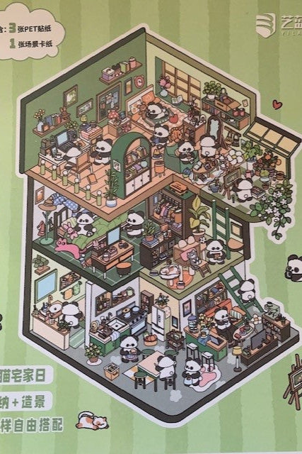 House sticker scene with 3 pages of stickers including pandas to accessorize the scene