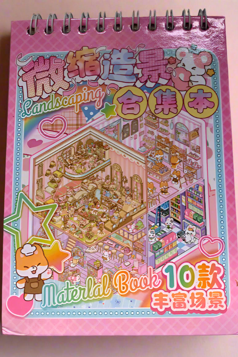 A pink spiral-bound sticker book with colorful cartoon illustrations and stickers to add to the scenes
