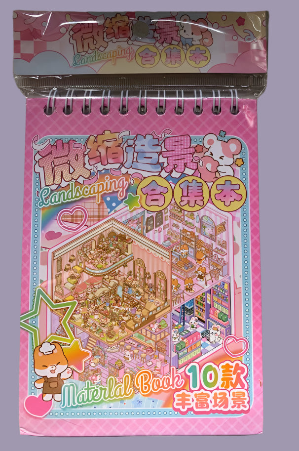 Pink themed sticker scene book with shops and cafes to accessorise