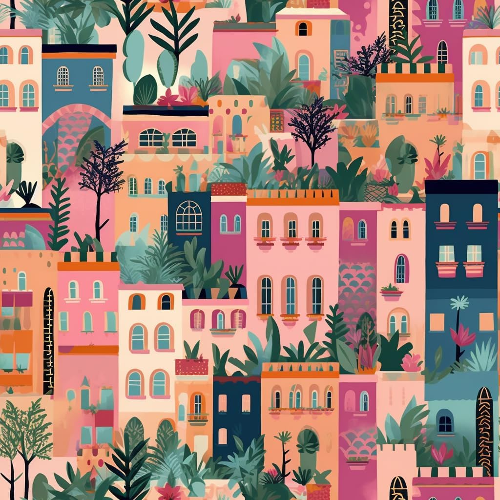 A beautiful cute village scene full of houses to pain in shades of pink, blue and green