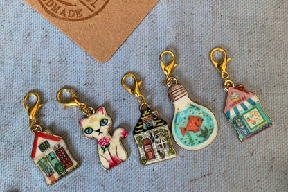 Pink and blue cat, fish and house stitch markers with lobster clasp