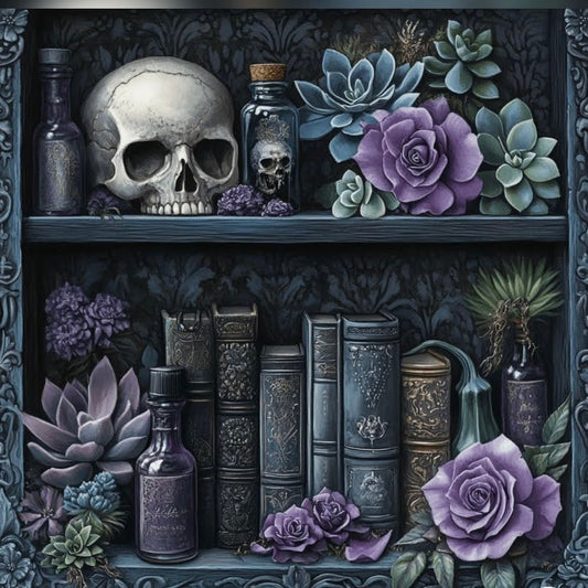 Skull and bookcase printed cross stitch kit - 14 count
