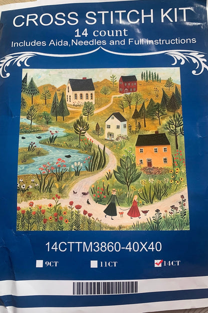 Country village farming stamped cross stitch kit - 14 count