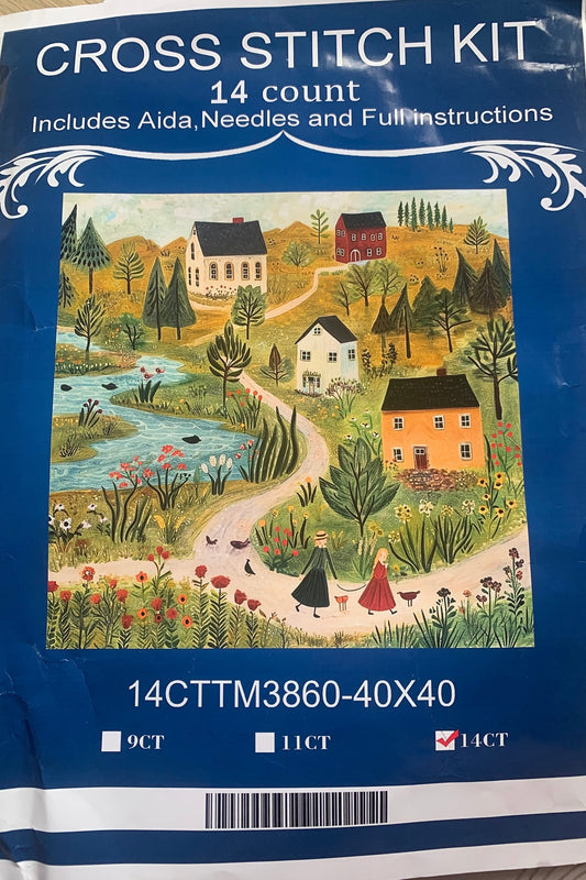 Country village farming stamped cross stitch kit - 14 count