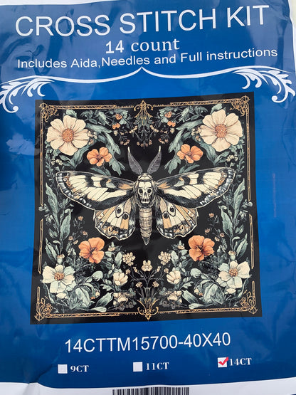 Death’s head moth stamped cross stitch kit - 14 count