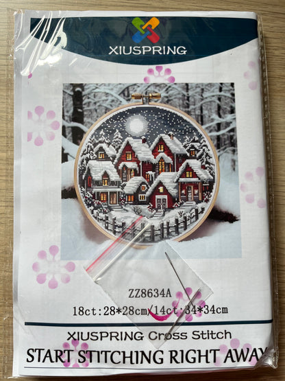Village snow scene at night counted cross stitch kit - 14 count