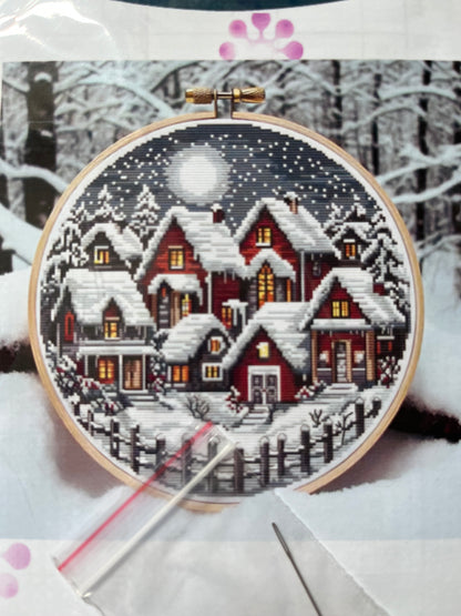 Village snow scene at night counted cross stitch kit - 14 count