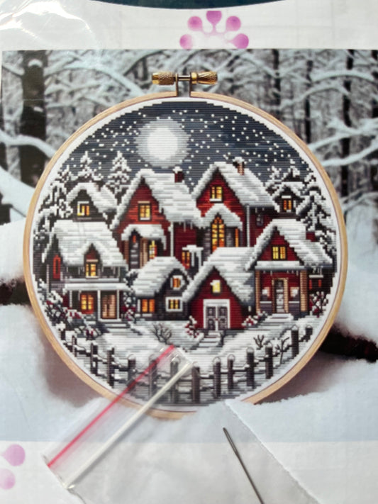 Village snow scene at night counted cross stitch kit - 14 count