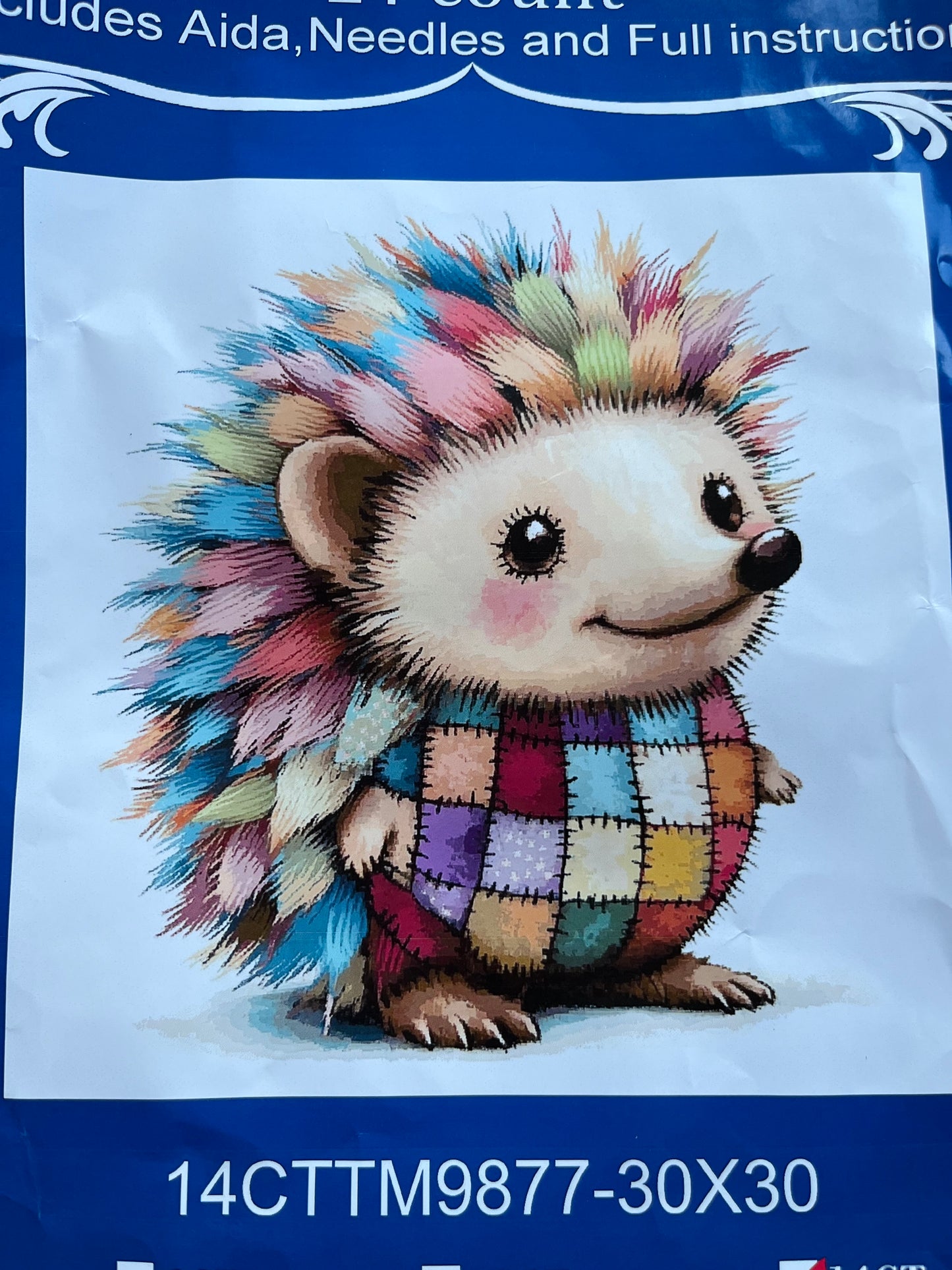 Patchwork hedgehog stamped cross stitch kit - 14 count
