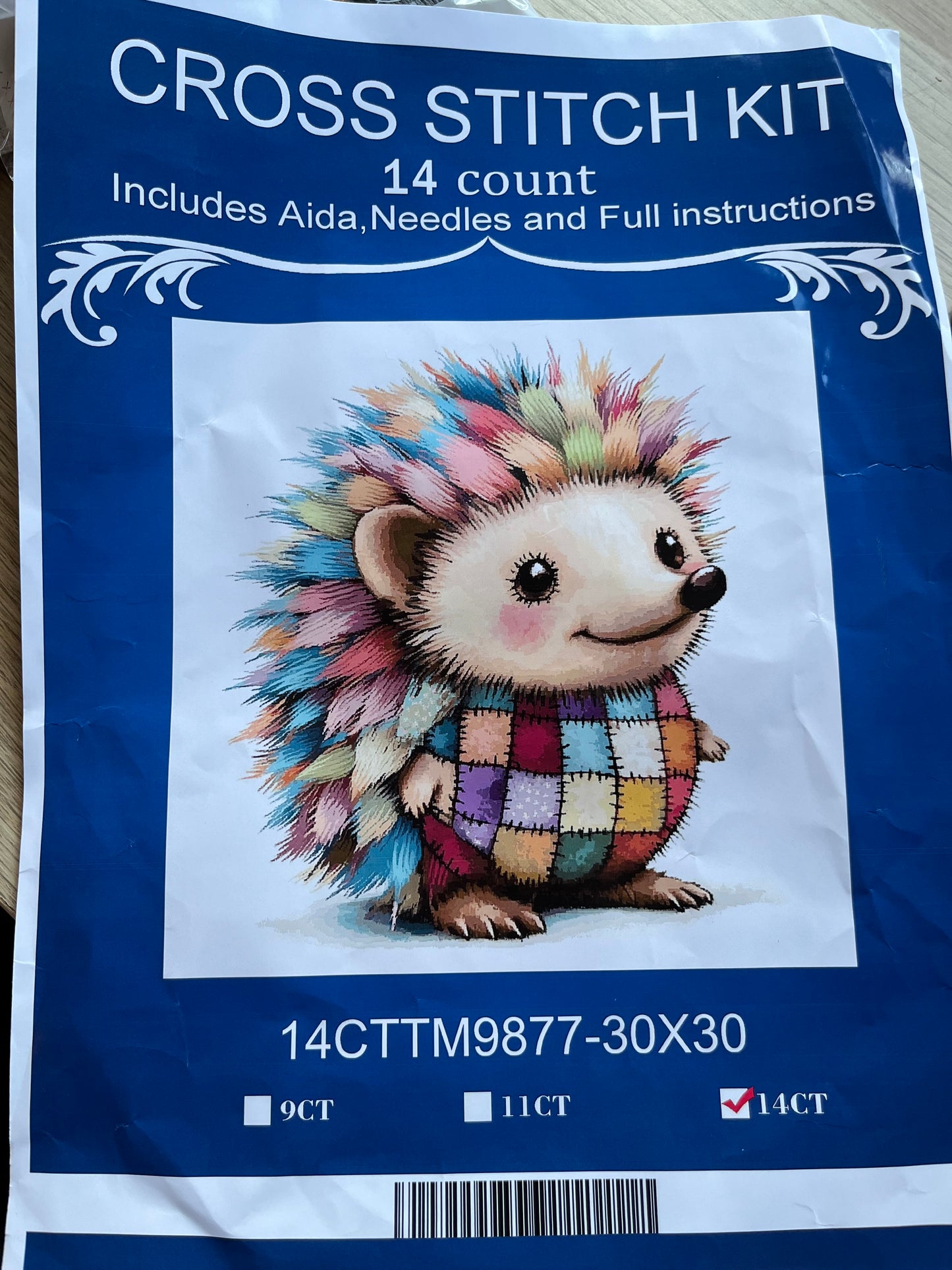 Patchwork hedgehog stamped cross stitch kit - 14 count