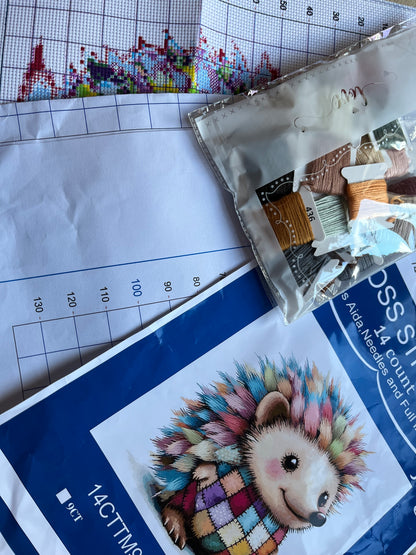 Patchwork hedgehog stamped cross stitch kit - 14 count