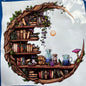Crescent moon bookshelf printed cross stitch kit - 14 count