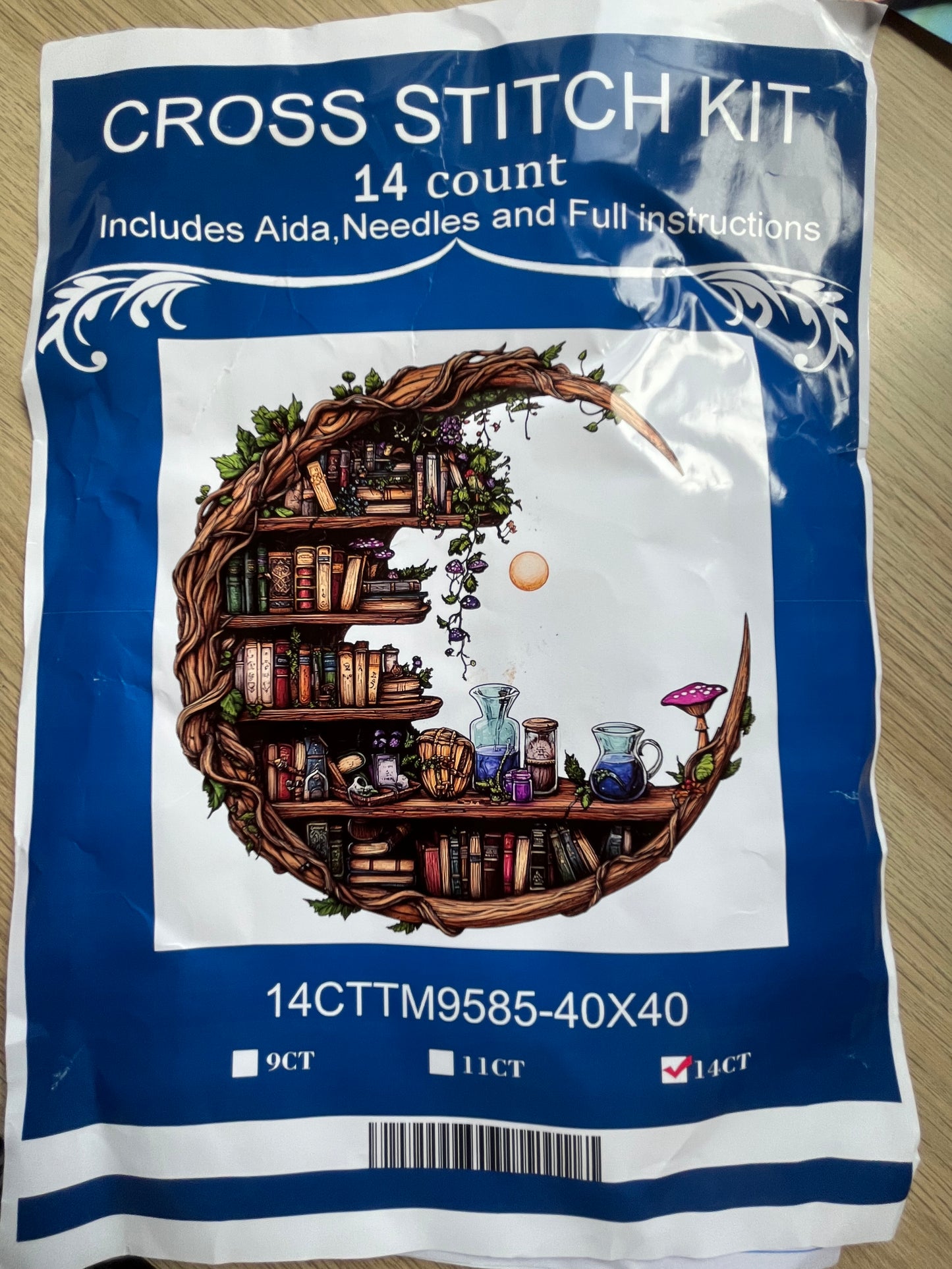 Crescent moon bookshelf printed cross stitch kit - 14 count