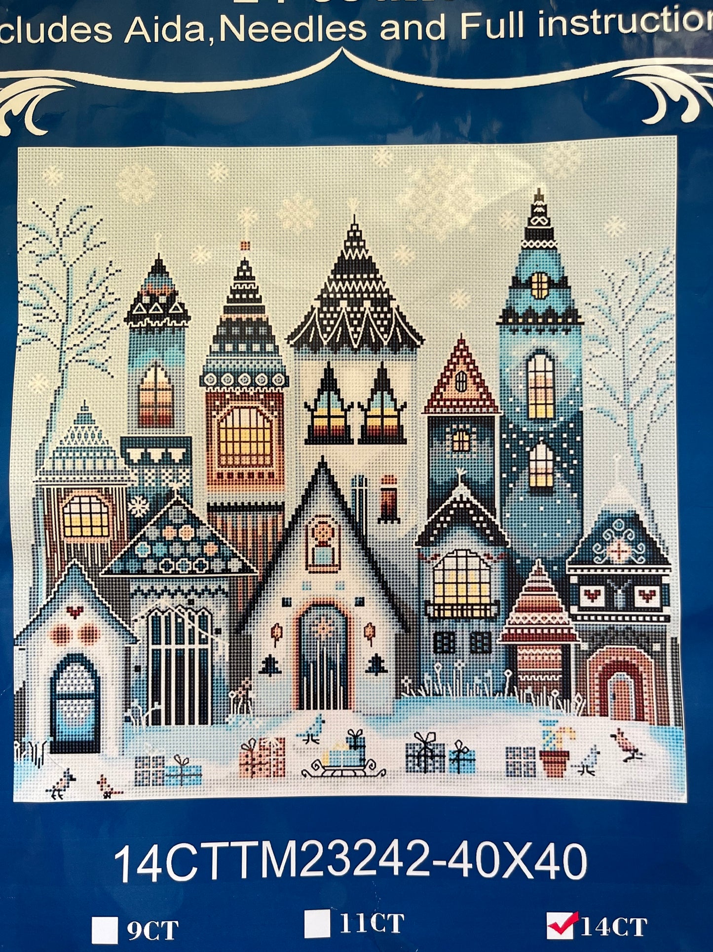 Scandi village in a snow scene stamped cross stitch kit - 14 count