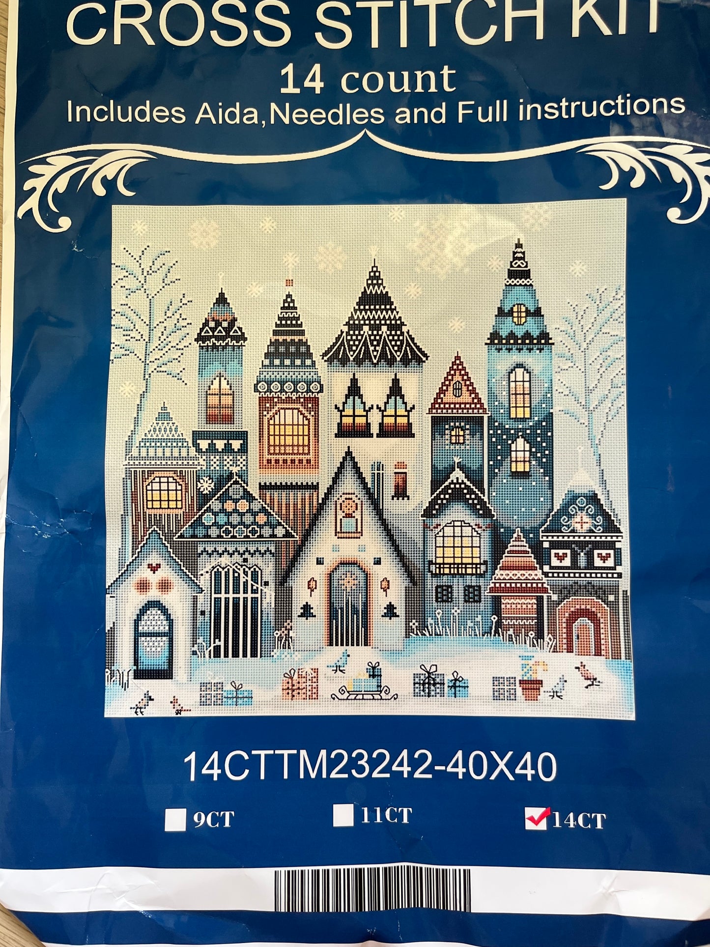 Scandi village in a snow scene stamped cross stitch kit - 14 count