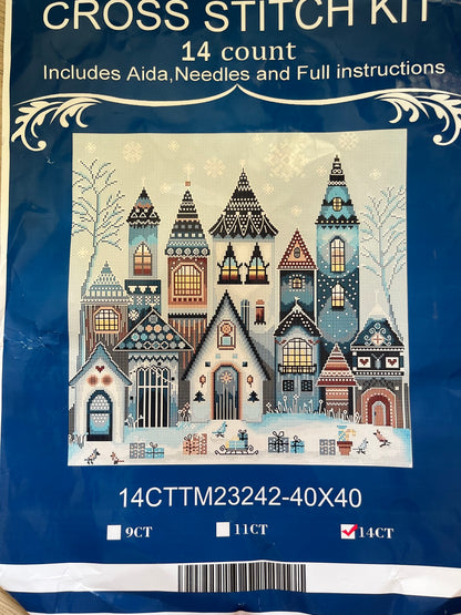 Scandi village in a snow scene stamped cross stitch kit - 14 count