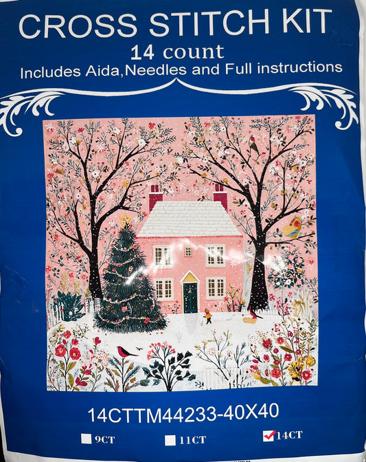 Pink Christmas country house in the snow - stamped cross stitch kit - 14 count
