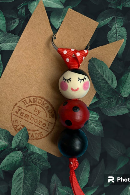 Hand-painted lady bird key ring or handbag charm with wooden beads
