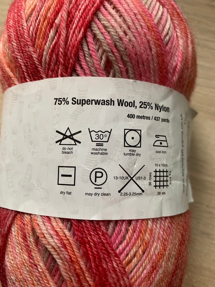 Pink and red stripey sock yarn from Stylecraft