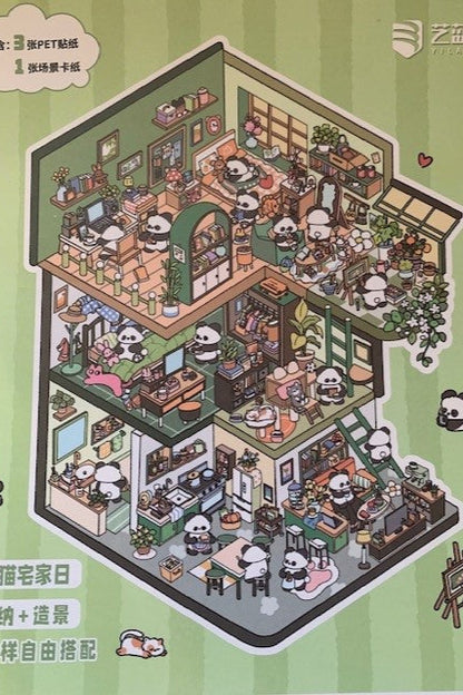 House sticker scene with 3 pages of stickers including pandas to accessorize the scene