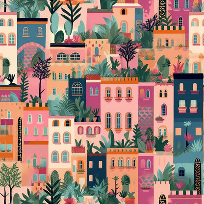 A beautiful cute village scene full of houses to pain in shades of pink, blue and green